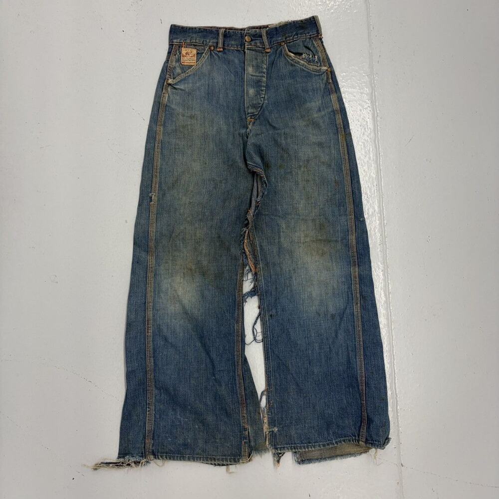Vintage 50s Red Camel Dark Buttonfly Distressed Jeans 24x25